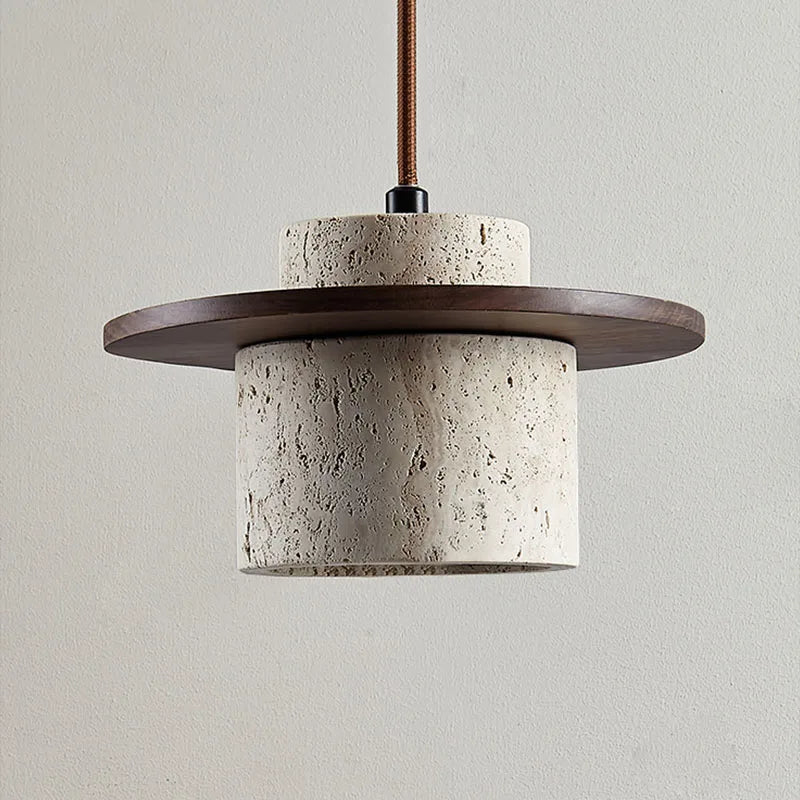 Suspension Galet en Travertin et Bois Design Japonais Wabi-Sabi