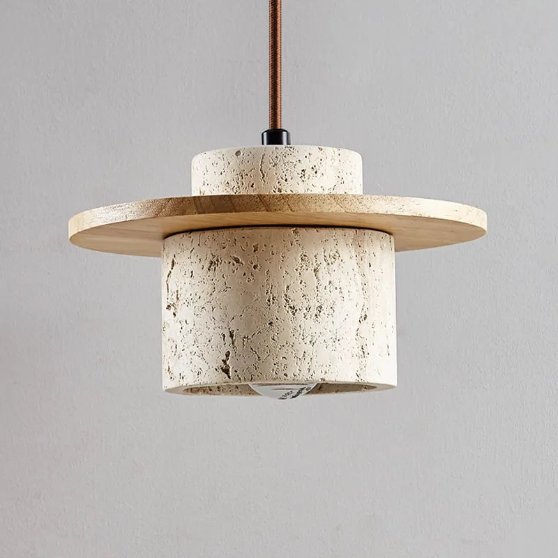 Suspension Galet en Travertin et Bois Design Japonais Wabi-Sabi