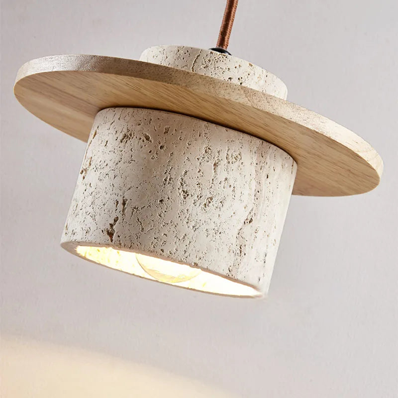 Suspension Galet en Travertin et Bois Design Japonais Wabi-Sabi