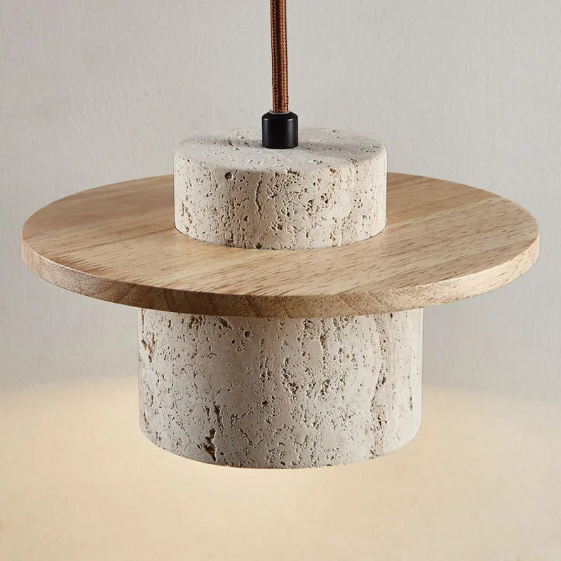 Suspension Galet en Travertin et Bois Design Japonais Wabi-Sabi