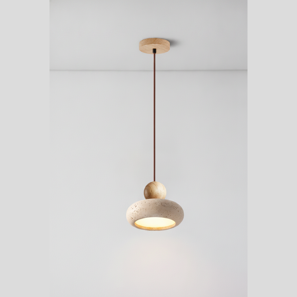 Suspension Galet en Travertin et Bois Naturel