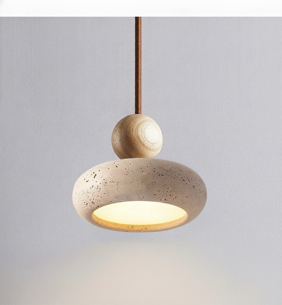 Suspension Galet en Travertin et Bois Naturel