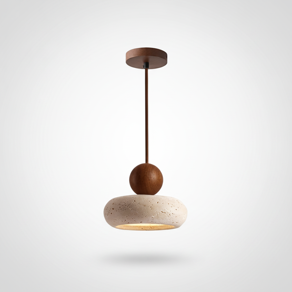 Suspension Galet en Travertin et Bois Naturel