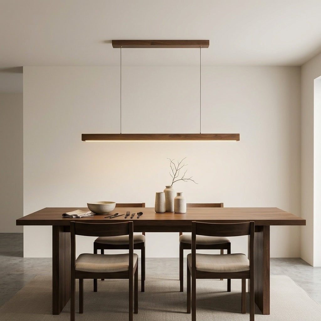 Suspension linéaire en bois au-dessus d'une table à manger