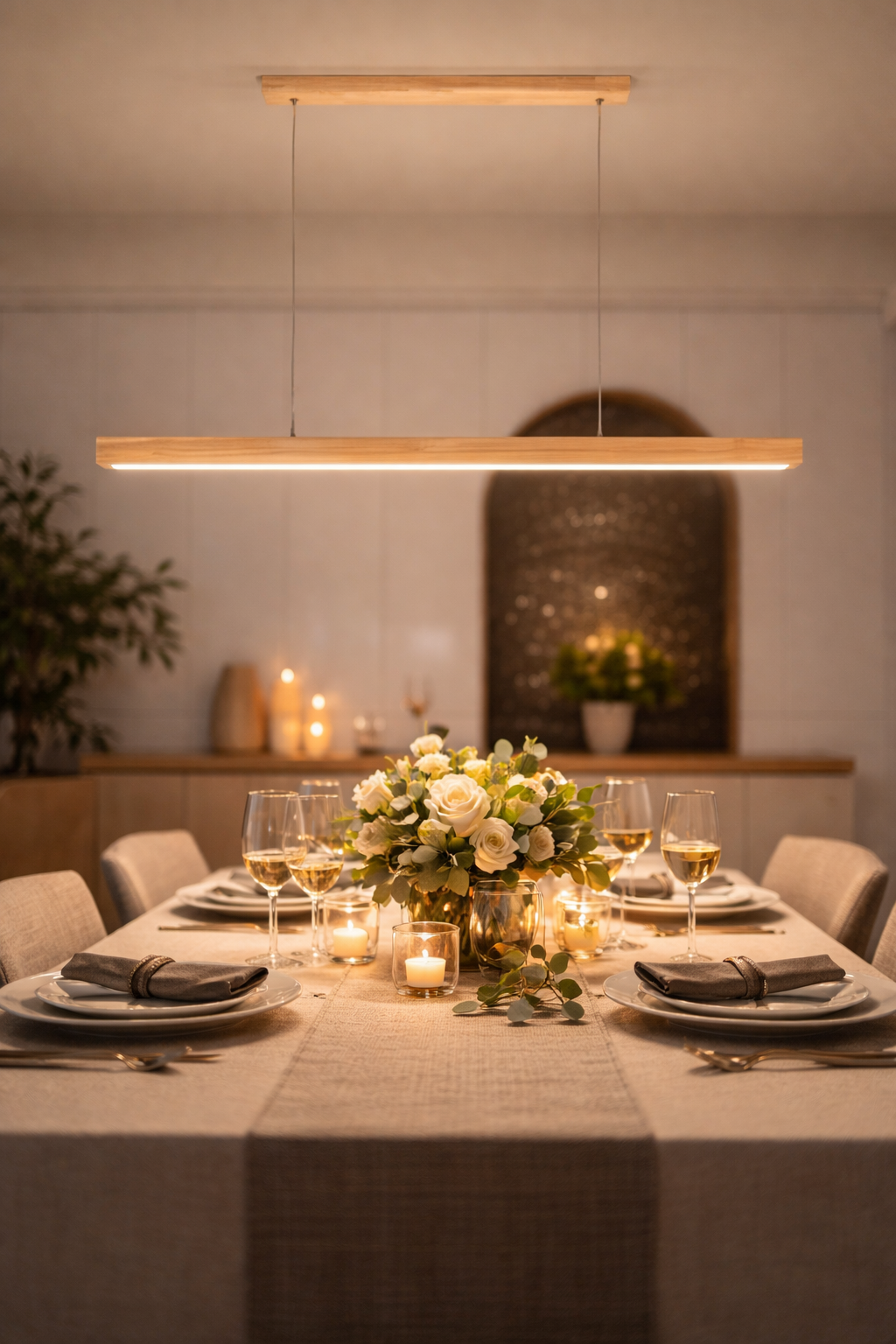 Suspension en bois au-dessus d'une table dressée, lumière chaude