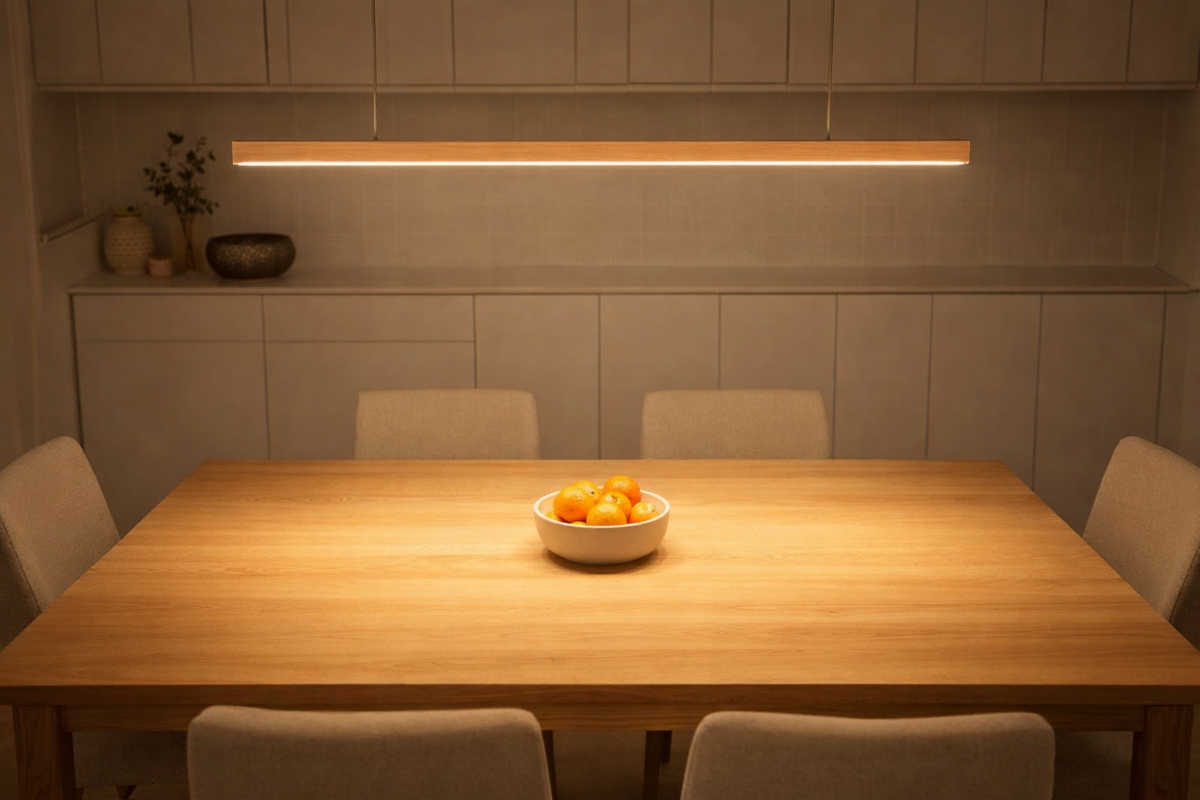 Lumière chaude de la suspension au-dessus d'une table en bois