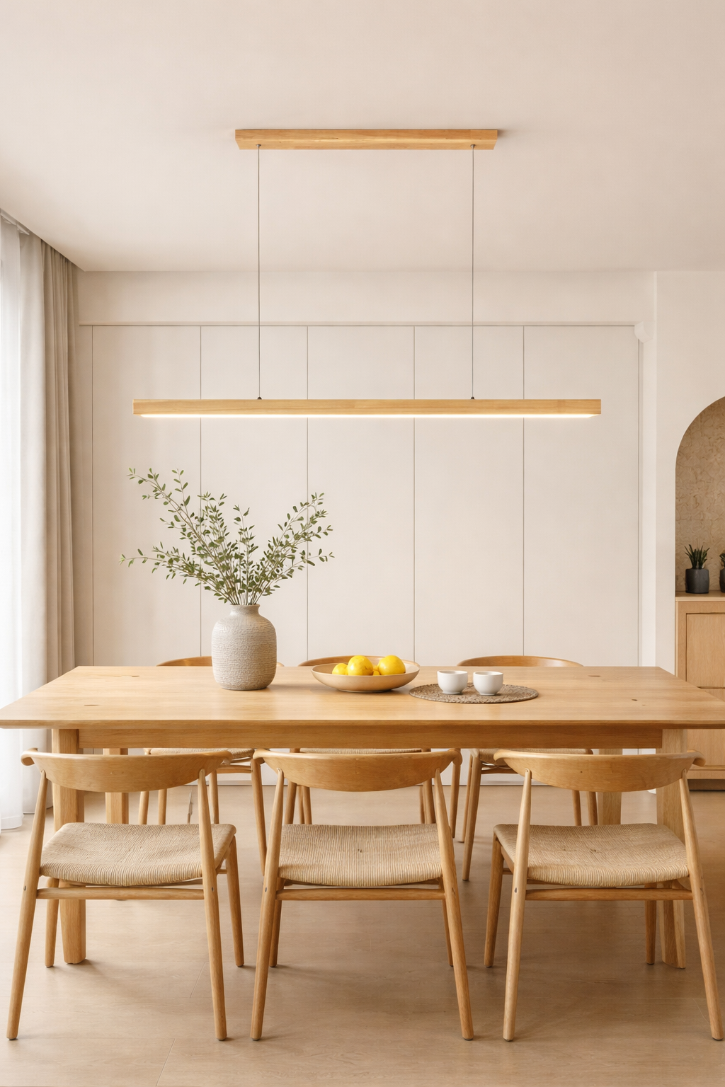 Suspension linéaire bois dans une salle à manger lumineuse
