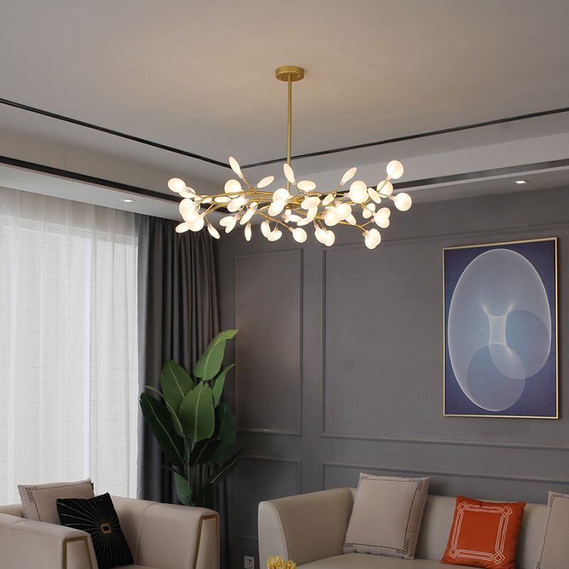 Lustre moderne branches métal noir ampoules LED allumées