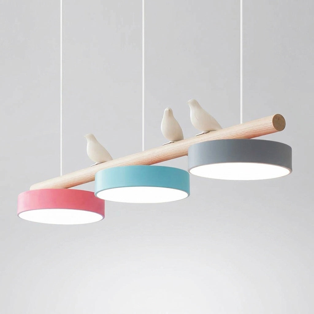 Suspension Bois Oiseau Décoratif Minimaliste Salon - Câble Blanc Rose & Bleu & Gris Variateur avec Télécommande