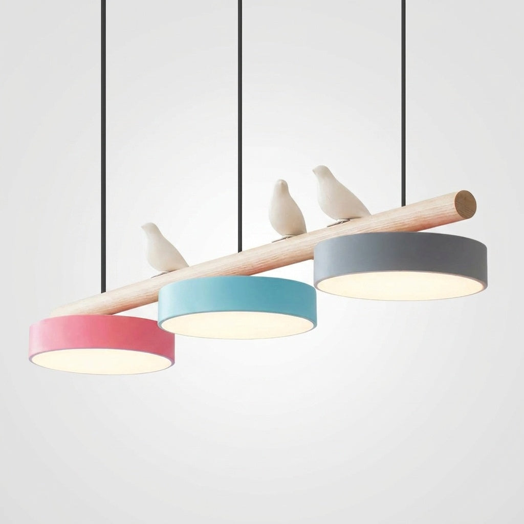 Suspension Bois Oiseau Décoratif Minimaliste Salon - Câble Noir Rose & Bleu & Gris Variateur avec Télécommande