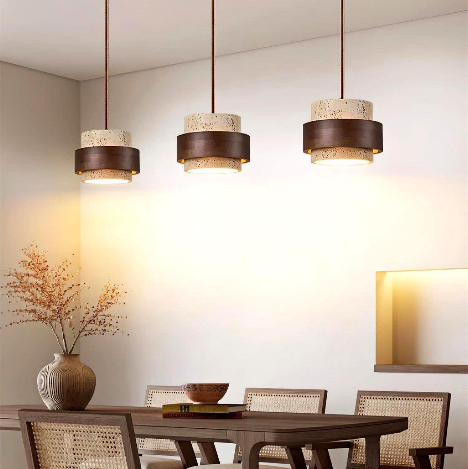 Composition 2 lampes travertin comptoir cuisine