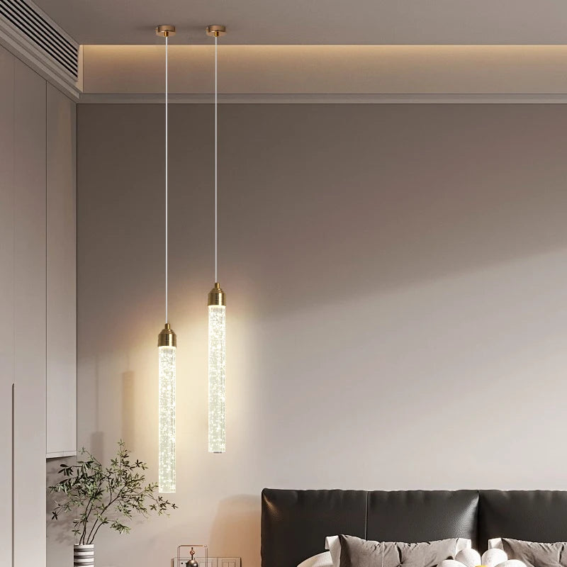 Suspension Tube en Cristal Finition Dorée Design Moderne