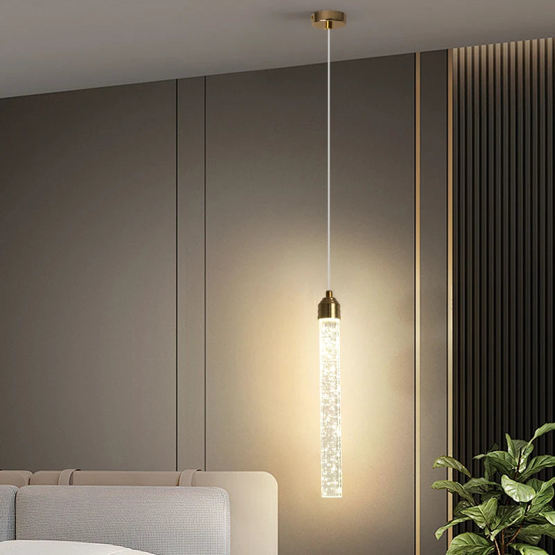 Suspension Tube en Cristal Finition Dorée Design Moderne