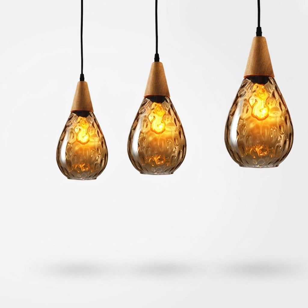Suspension Vintage en Bois et Verre Ambré LED