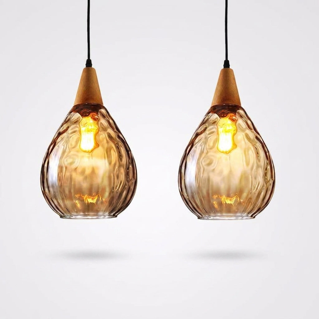 Suspension Vintage en Bois et Verre Ambré LED