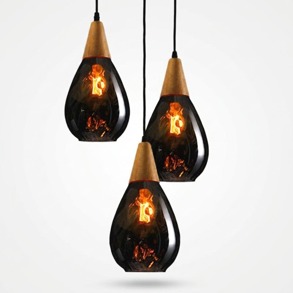 Suspension Vintage en Bois et Verre Ambré LED